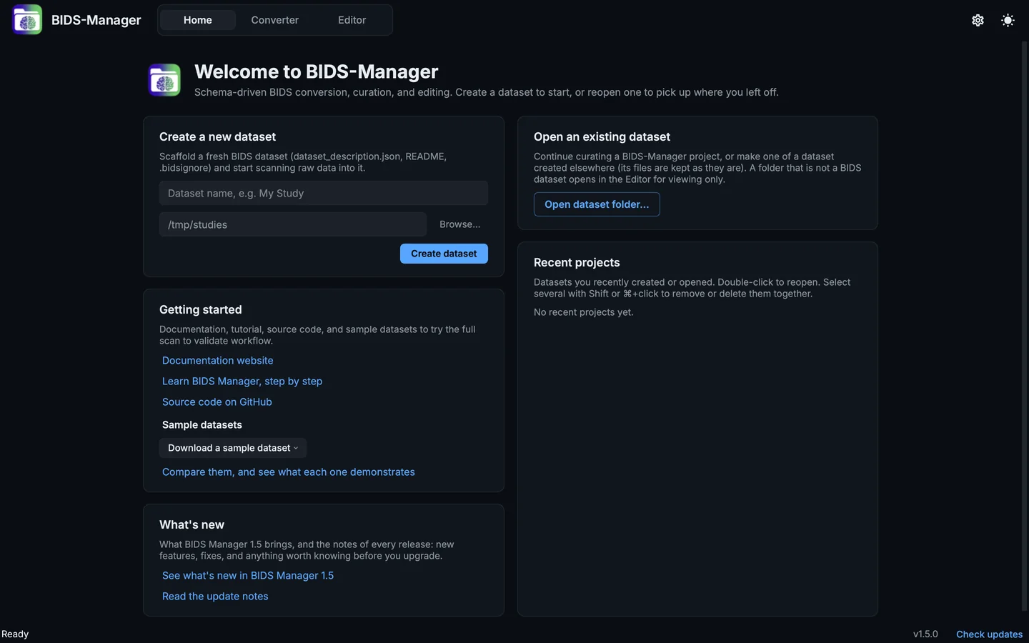 BIDS Manager's GUI on first launch, showing the Home view: a card to create a dataset, a card to open one, links to get started with a menu of sample datasets, What's new, and the list of recent projects.