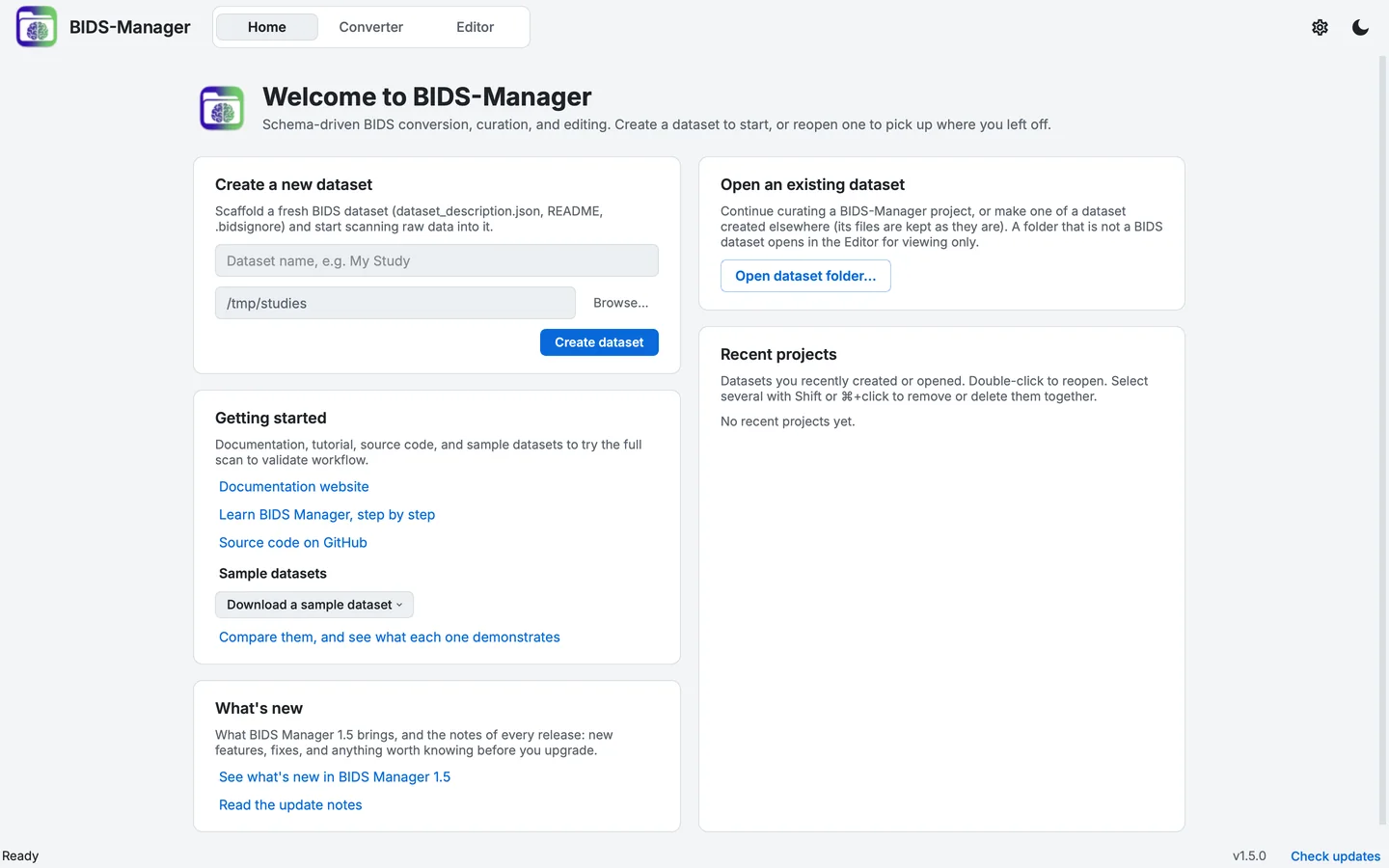 BIDS Manager's GUI on first launch, showing the Home view: a card to create a dataset, a card to open one, links to get started with a menu of sample datasets, What's new, and the list of recent projects.