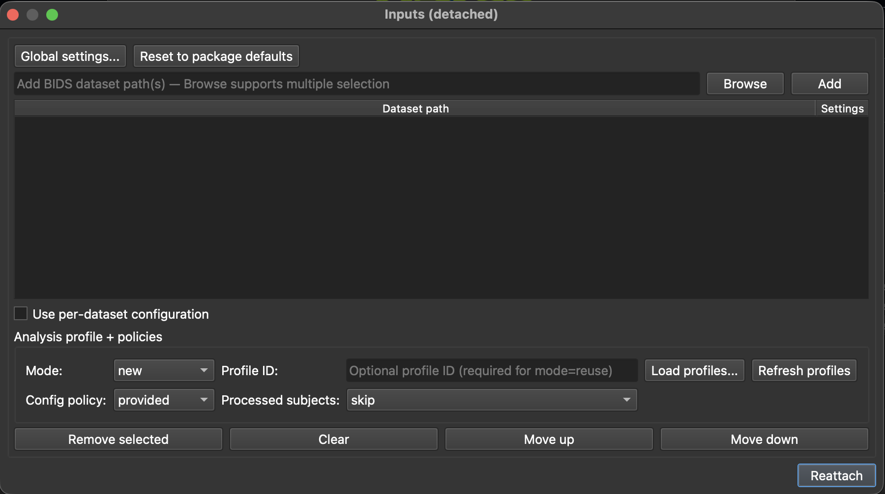 Inputs section detached into its own window